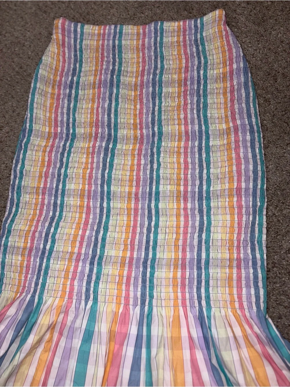 New J. Crew Re-Imagined Pastel Rainbow Striped Smocked Mermaid Midi Skirt size 0